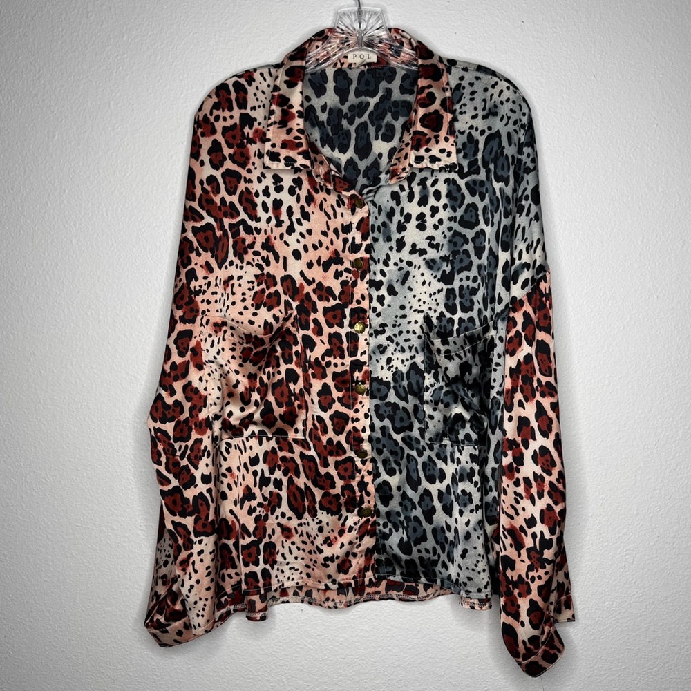 Pol Satin Leopard Print Color Block Long Sleeve Button Up Blouse Womens Size L